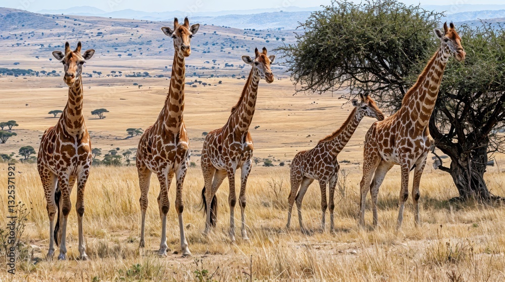Obraz premium A group of elegant giraffes gather in the golden grasslands, their long necks towering above the plains as they enjoy the warmth of the afternoon sun and observe their surroundings.