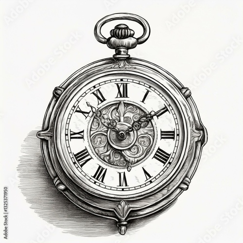 A vintage pocket watch drawn in pencil, detailed yet simple