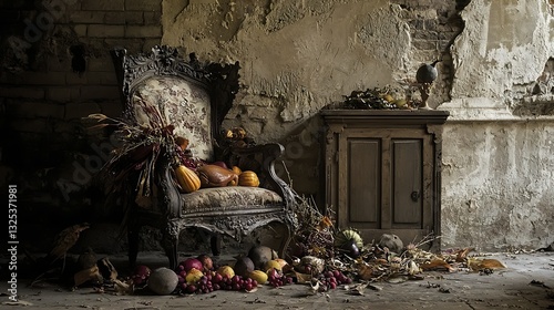 Ornate Chair Adorned with Autumnal Harvest in a Decaying Room