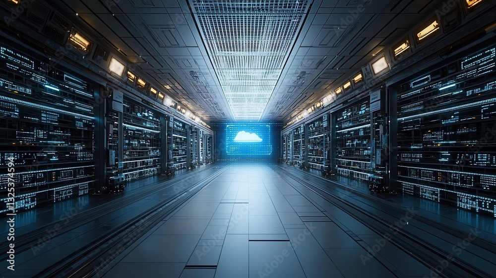 A vast futuristic smart warehouse showcasing rows of towering shelves and advanced data infrastructure creating an immersive and highly organized storage environment