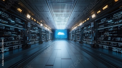 Obraz na płótnie A vast futuristic smart warehouse showcasing rows of towering shelves and advanced data infrastructure creating an immersive and highly organized storage environment w salonie