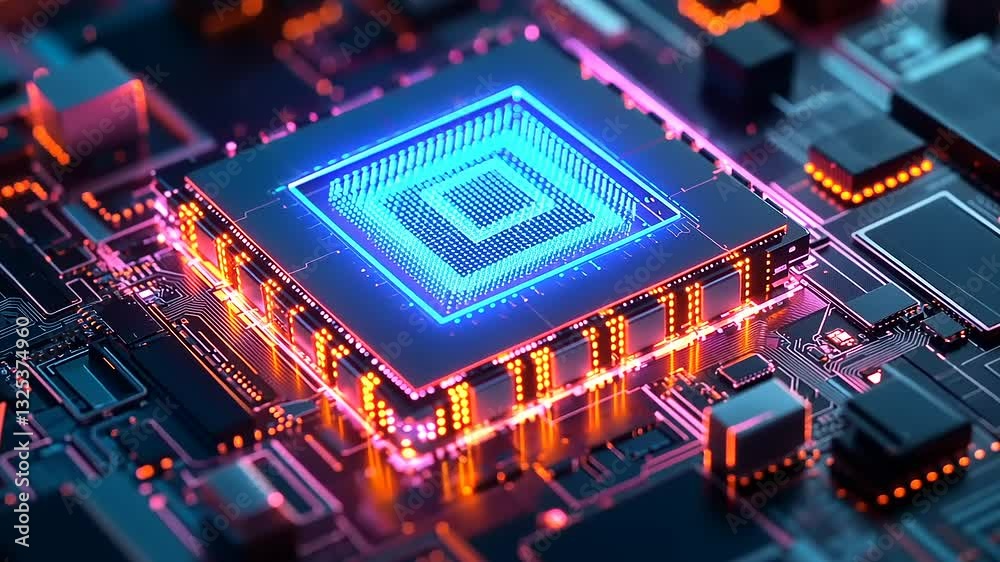Close-up of a futuristic microprocessor surrounded by glowing circuitry in a tech environment Close-up of a futuristic microprocessor surrounded by glowing circuitry in a tech environment