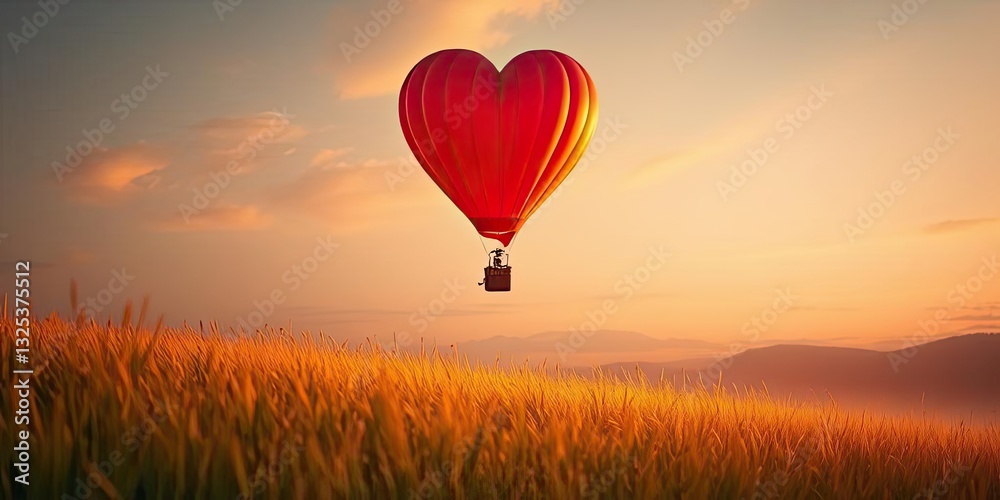 Fototapeta premium Heart Shaped Hot Air Balloon Sunrise Over Golden Field