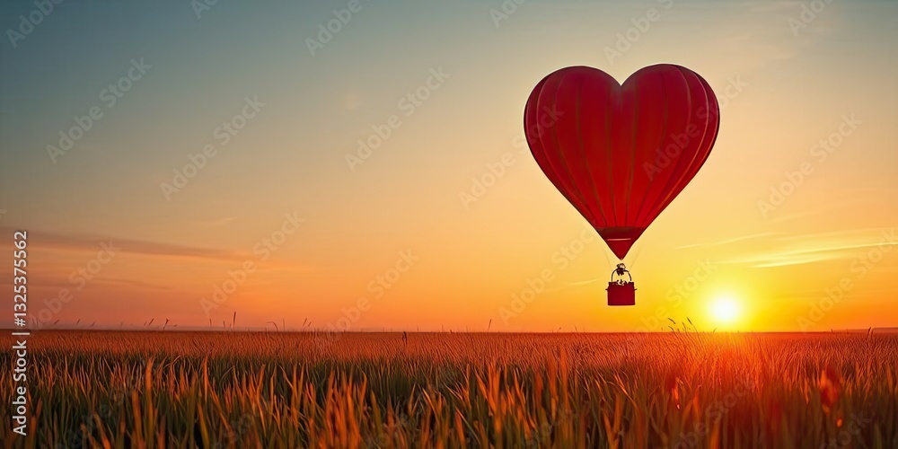 Fototapeta premium Heart Shaped Hot Air Balloon Sunset Flight over Golden Field