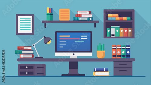 An organized office space with coding books neatly arranged on a bookshelf next to a sleek modern desktop computer.. Vector illustration