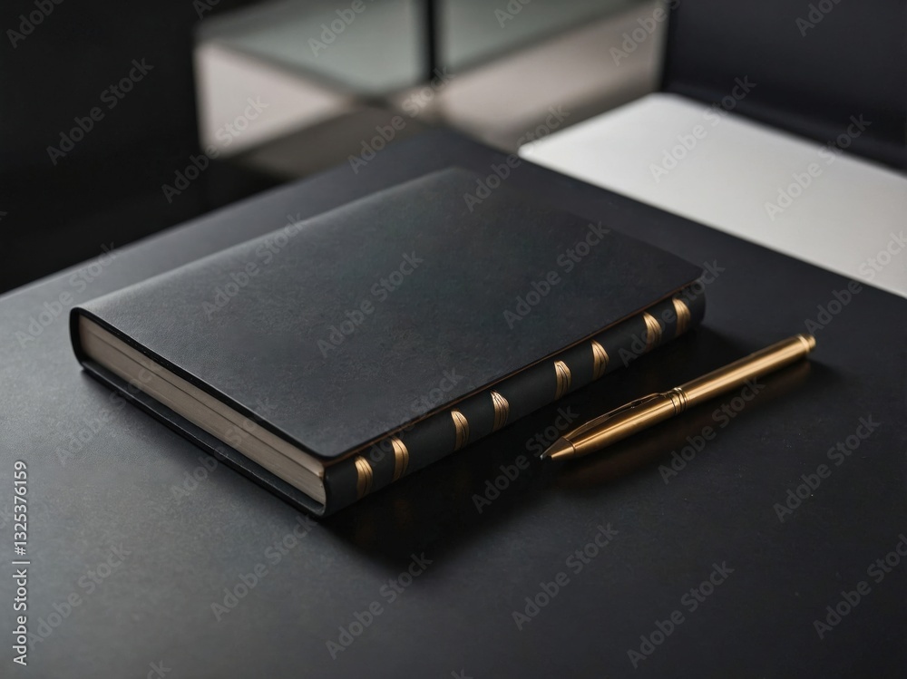 Black Hardcover Notebook on a Matte Black Desk Black Hardcover Notebook on a Matte Black Desk