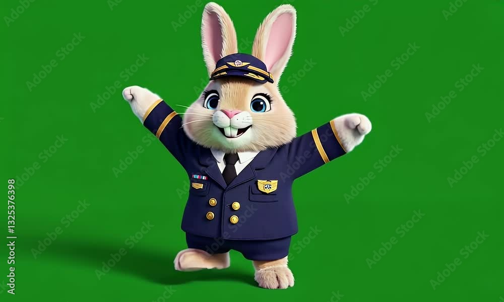 a tiny rabbit dressed as a pilot enthusiastically performs disco fever dance moves with funky style and dramatic spins on a green screen backdrop