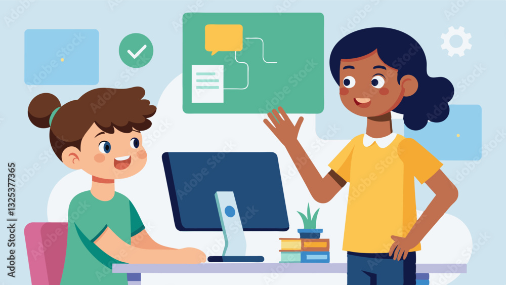 One student excitedly pointing to their screen as they explain a breakthrough in their coding project to their lab partner.. Vector illustration One student excitedly pointing to their screen as they explain a breakthrough in their coding project to their lab partner.. Vector illustration