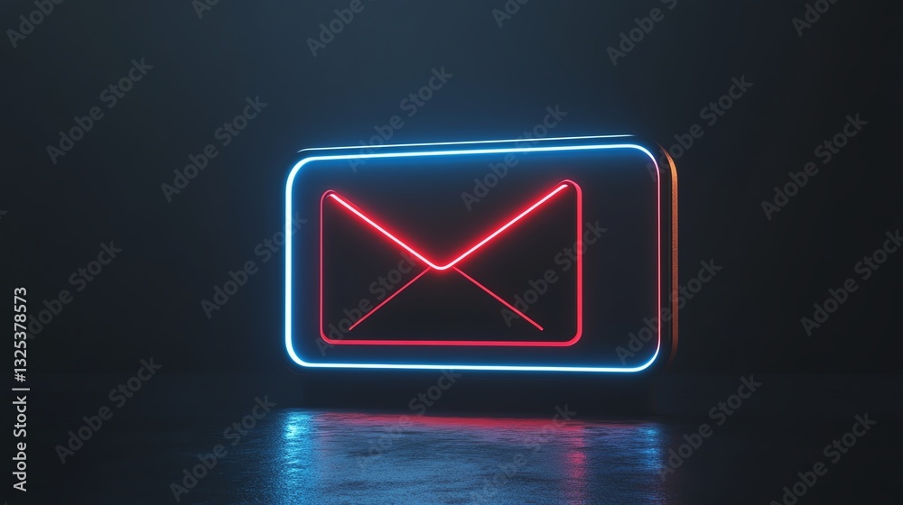 Fototapeta premium A neon-lit email icon glowing in a dark space, symbolizing digital communication and modern technology.