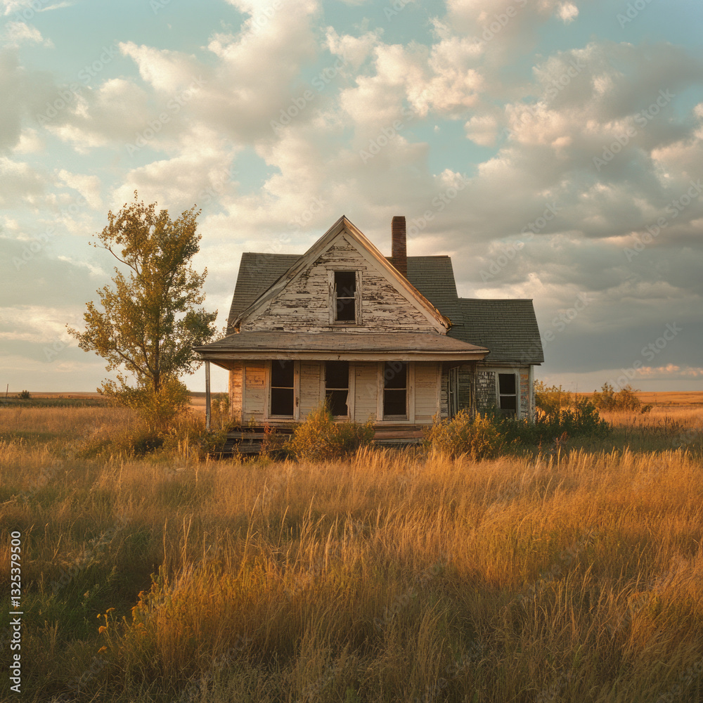Fototapeta premium Abandoned White Farmhouse in Golden Prairie at Sunset with Broken Windows