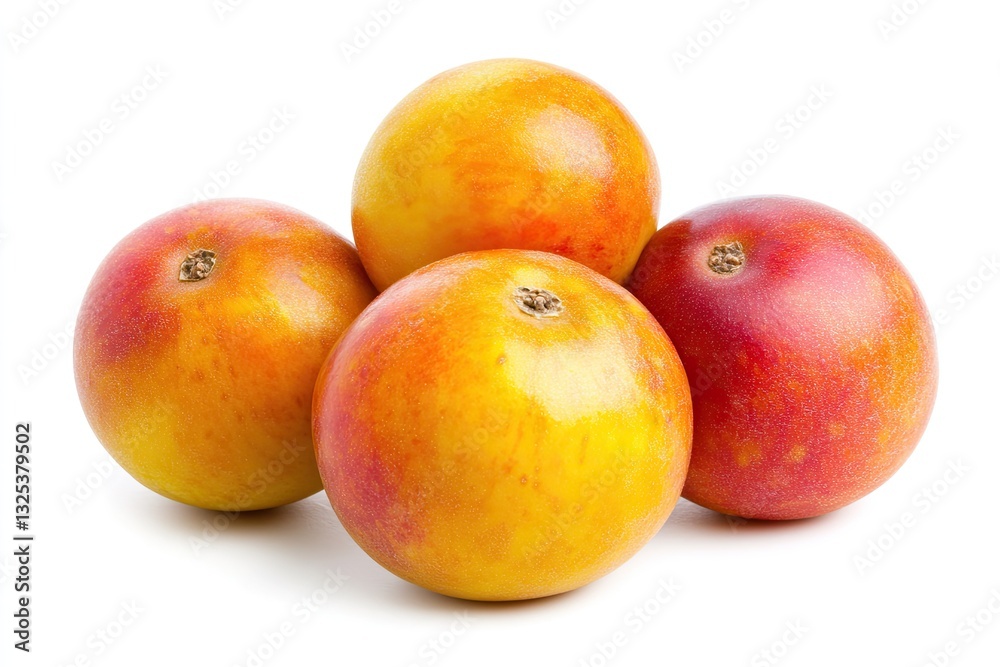 Fresh, vibrant, and plump fruit cluster. Four round, colorful fruits with a mix of yellow and red hues. A slightly bumpy texture is visible. High-quality studio shot against a white background Fresh, vibrant, and plump fruit cluster. Four round, colorful fruits with a mix of yellow and red hues. A slightly bumpy texture is visible. High-quality studio shot against a white background