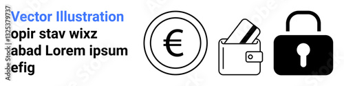 Euro sign symbolizing currency, wallet holding cards indicating transactions, and a locked padlock for security. Ideal for finance, banking, security, investment, savings, protection digital