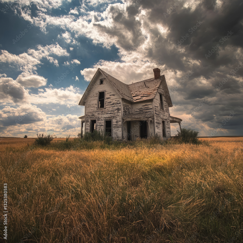 Abandoned White Farmhouse in Tall-Grass Field Under a Cloudy Rural Sky Abandoned White Farmhouse in Tall-Grass Field Under a Cloudy Rural Sky