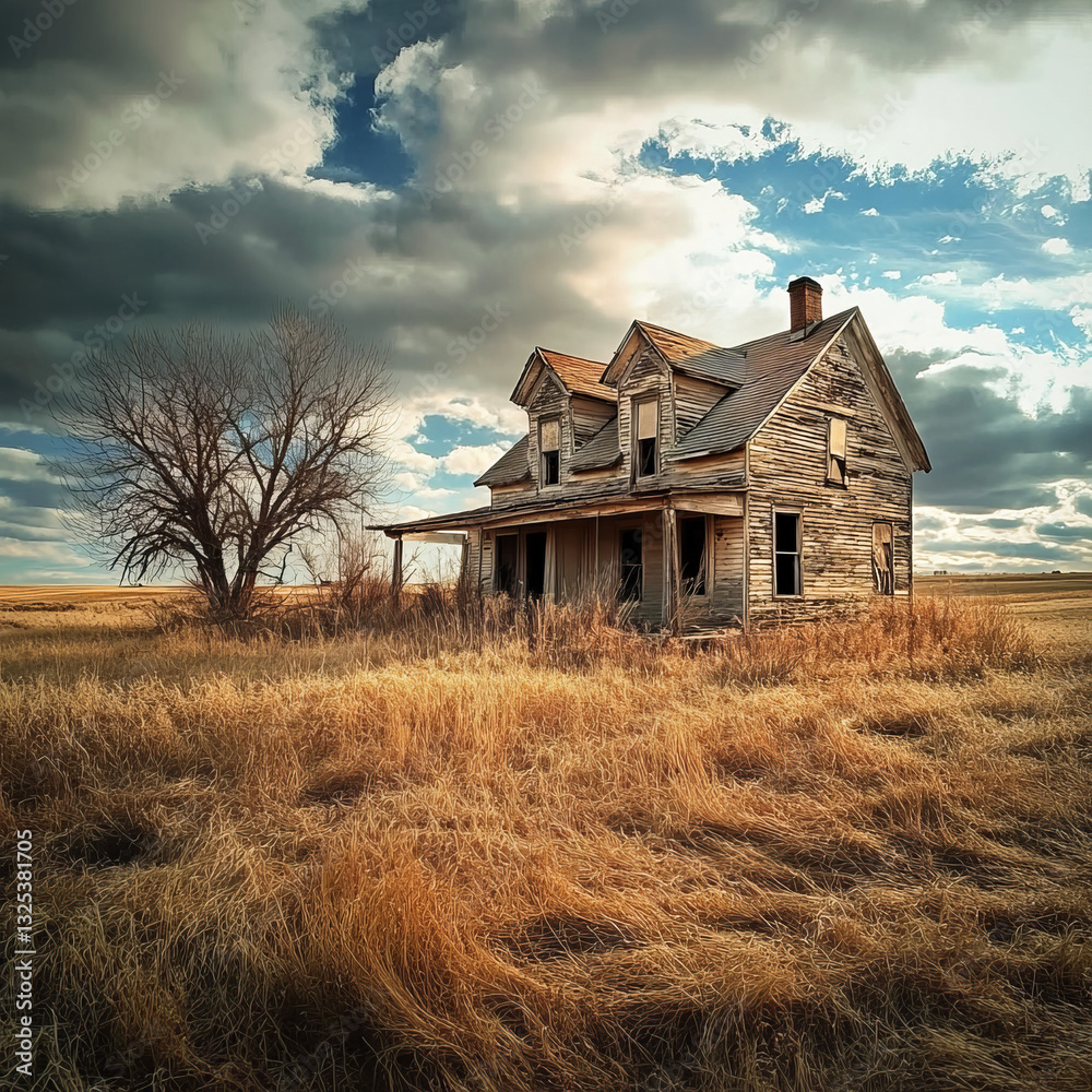 Fototapeta premium Weathered Farmhouse in Golden Field Under a Partly Cloudy Evening Sky