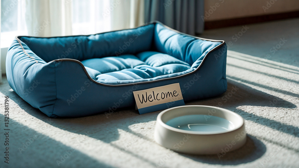 Photorealistic Empty Pet Bed with Welcome Note, water bowl, pet friendly hotel room