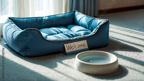 Obraz na płótnie Photorealistic Empty Pet Bed with Welcome Note, water bowl, pet friendly hotel room w salonie