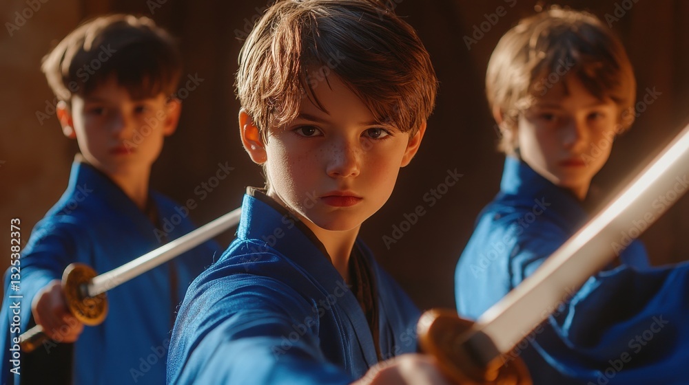 Three Young Boys Practice Swordsmanship In Blue Kimonos Three Young Boys Practice Swordsmanship In Blue Kimonos