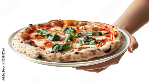 Chef holding delicious neapolitan pizza with pepperoni, mozzarella and basil on transparent background