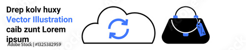 Cloud silhouette with sync arrows and a handbag with a tag. Ideal for fashion, shopping, ecommerce, online storage, digital services, data exchange, flat landing page banner