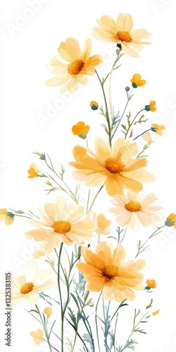 Pale Yellow Cosmos Watercolor Painting on White Background