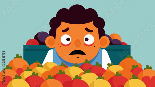 The vendors eyes were filled with worry and disappointment as they watched their stockpile of fresh fruits go untouched.. Vector illustration