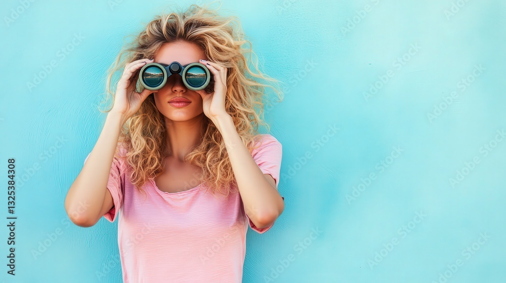Curious woman looking through binoculars. Exploration, adventure, and discovery concept. Curious woman looking through binoculars. Exploration, adventure, and discovery concept.