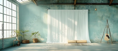 Serene Minimalist Interior Studio Space with White Curtain