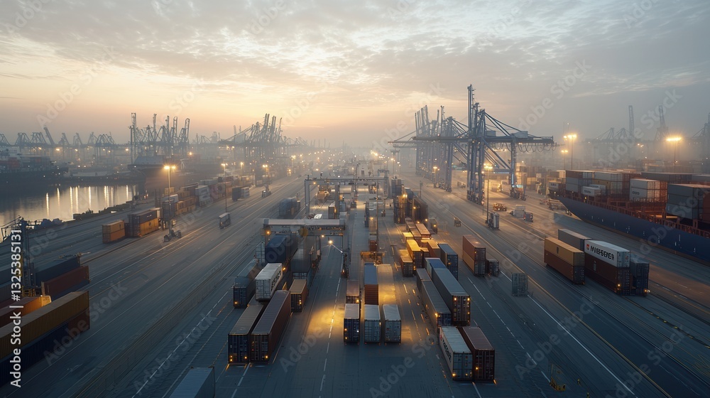 Obraz premium An expansive high tech freight corridor at dusk with a fleet of cargo containers and cranes in a bustling industrial port setting