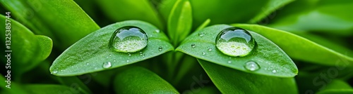 Morning dew collecting on a fresh green leaf with tiny water droplets sparkling in the sunlight