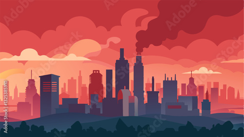 The smoggy skyline loomed over the city like a dark cloud serving as a powerful visual of the looming climate crisis.. Vector illustration