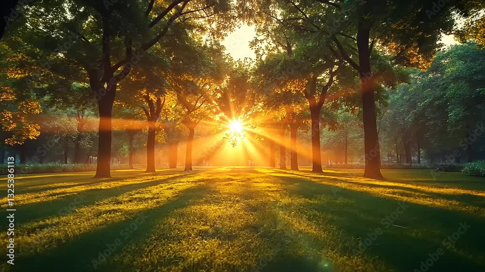 Serene sunrise illuminating a tranquil park, with sun rays filtering through lush trees and greenery Serene sunrise illuminating a tranquil park, with sun rays filtering through lush trees and greenery