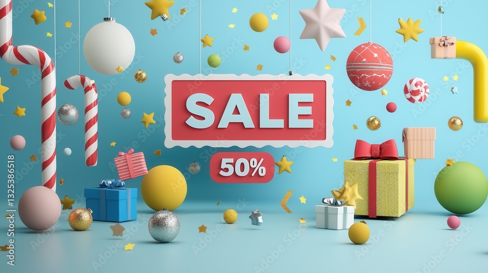 Fototapeta premium A lively and colorful holiday themed sale advertisement featuring various festive a prominent 50 discount sign creating an enticing and celebratory shopping atmosphere