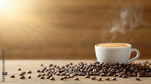 A ceramic coffee cup filled with a freshly brewed beverage emitting a warm fragrant steam and surrounded by a scattering of roasted coffee beans on a rustic wooden surface