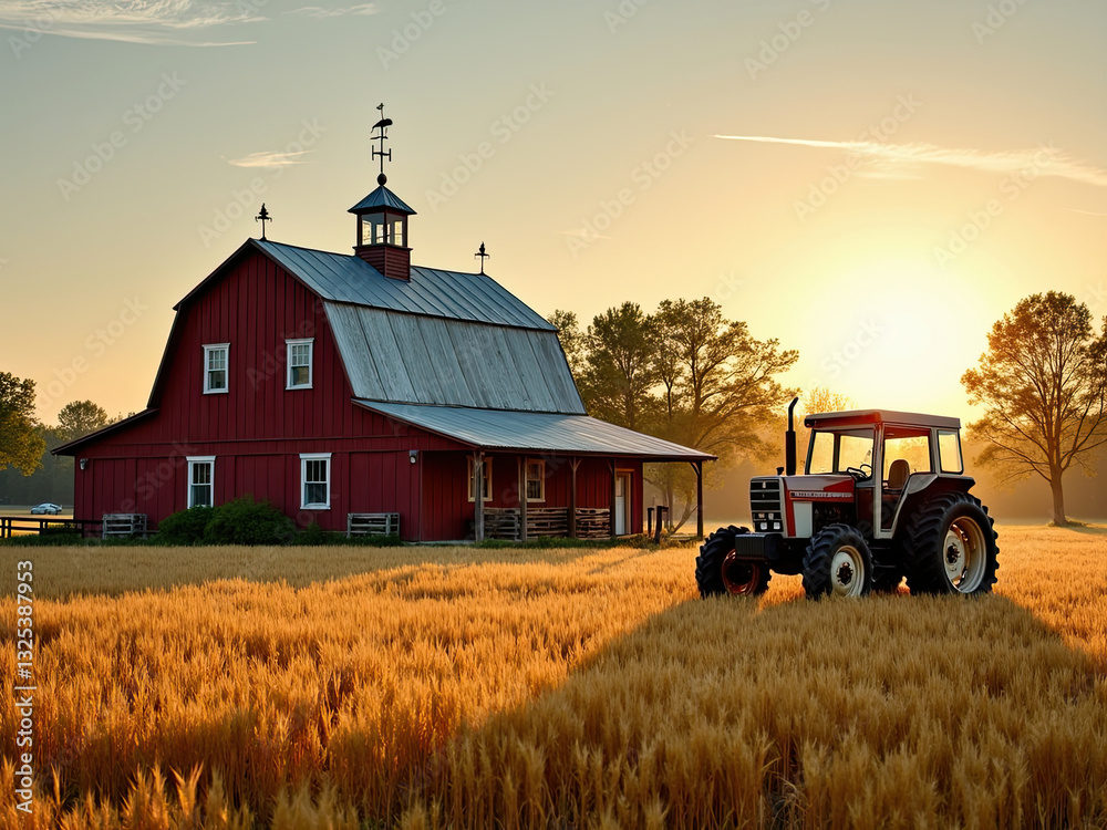 Fototapeta premium Tranquil Sunrise Over a Red Barn and Tractor in Golden Wheat Field