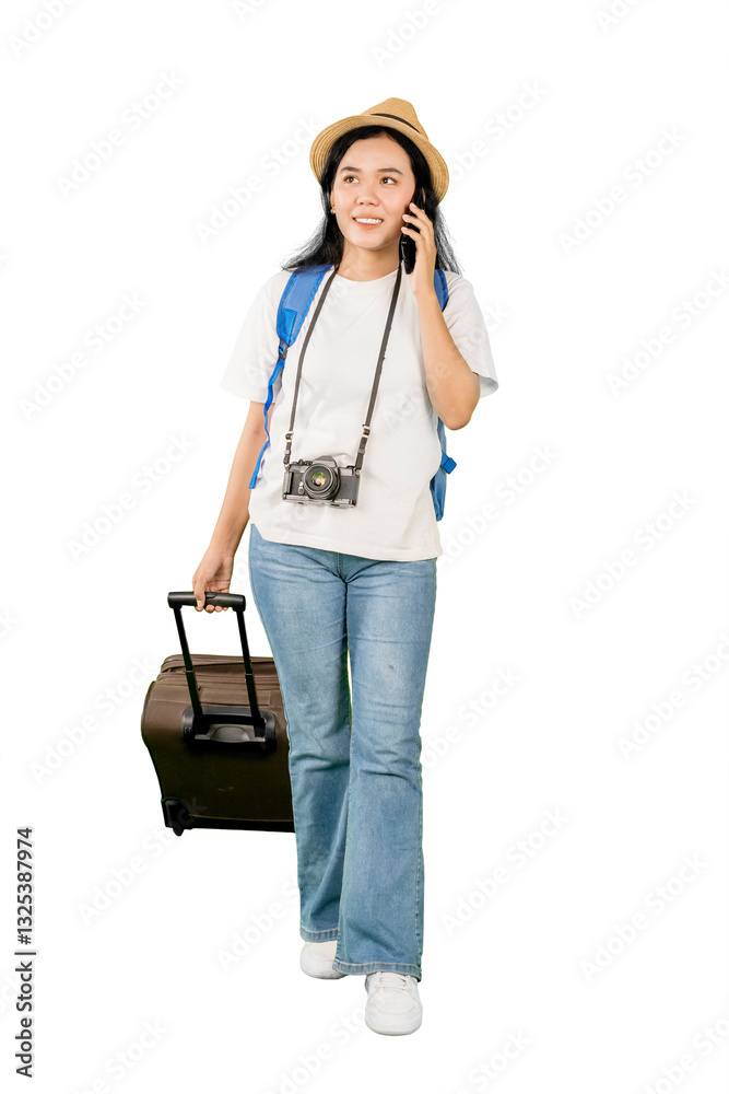 Happy Female Traveler Talking on Phone While Walking with Luggage Happy Female Traveler Talking on Phone While Walking with Luggage