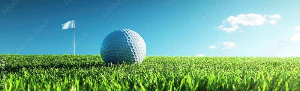 Obraz premium Golf ball on the green with flag against blue sky on sunny day