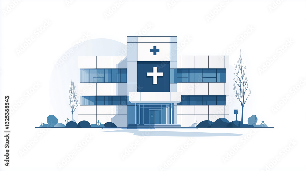 Naklejka premium Minimalist vector illustration of a modern hospital building with a clean, geometric design and a prominent healthcare cross symbol,