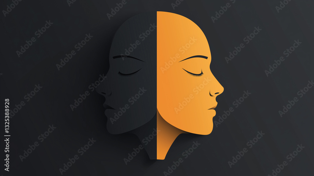A modern vector illustration of a human face divided into light and shadow, symbolizing duality, identity, and self-reflection. A modern vector illustration of a human face divided into light and shadow, symbolizing duality, identity, and self-reflection.