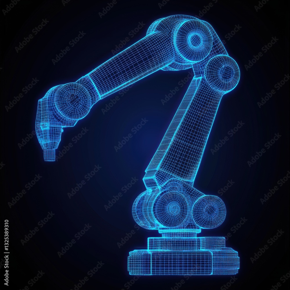 3D glowing hologram of robotic arm.