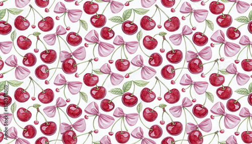 hand drawn watercolor style of red cherries with pink bows seamless pattern background modern design