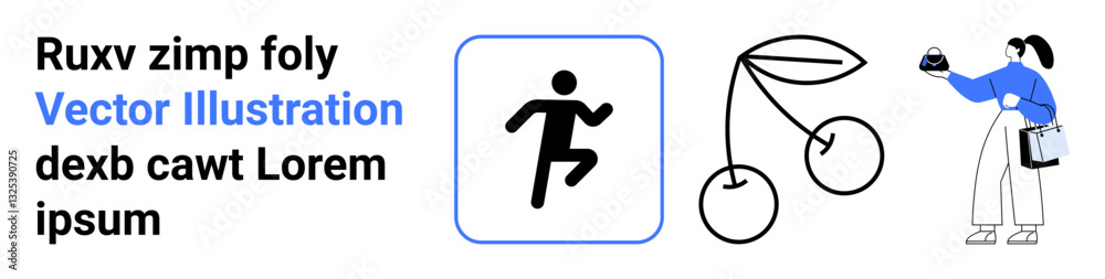 Running figure inside a box, minimal cherry outline, person holding food. Ideal for fitness, health, wellness, diet, lifestyle, creativity flat landing page banner Running figure inside a box, minimal cherry outline, person holding food. Ideal for fitness, health, wellness, diet, lifestyle, creativity flat landing page banner