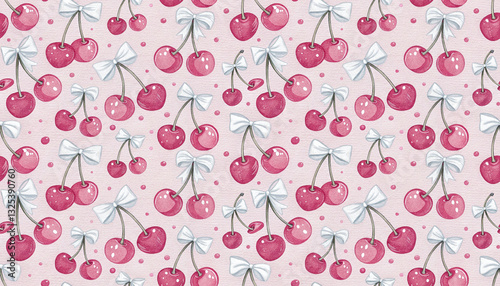 hand drawn watercolor style of red cherries with pink bows seamless pattern background modern design