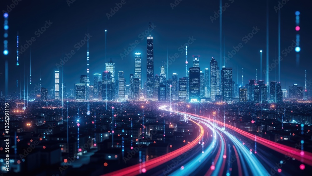 Smart city and abstract dot point connection with gradient lines, big data connectivity technology concept. Smart city and abstract dot point connection with gradient lines, big data connectivity technology concept.