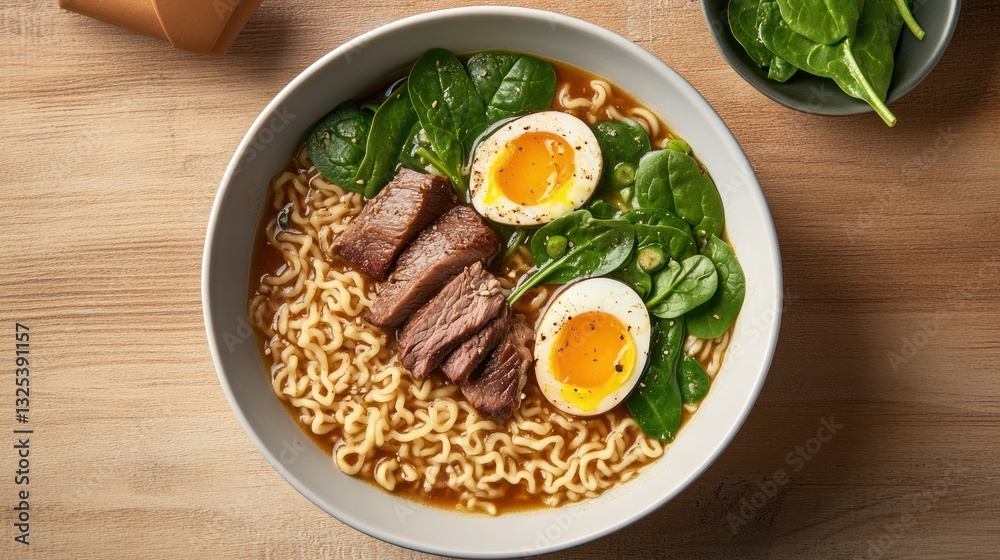 A delicious bowl of ramen with vegetables and boiled eggs A delicious bowl of ramen with vegetables and boiled eggs