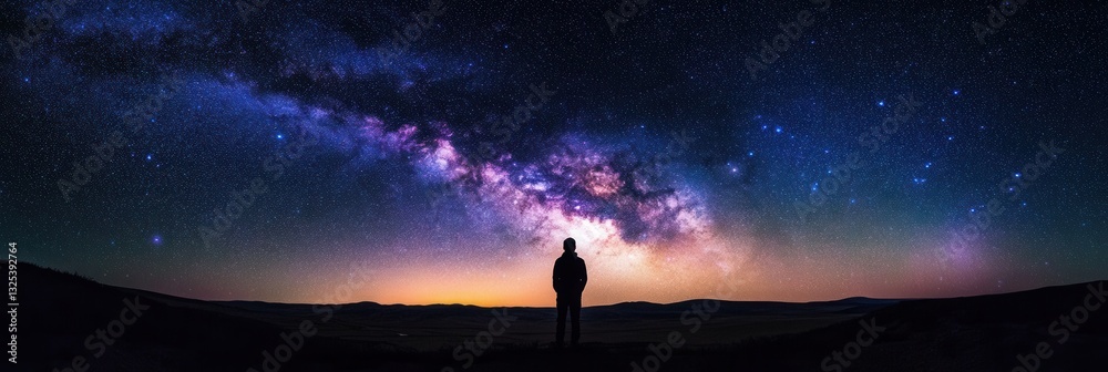 Fototapeta premium Massive starry night sky with vibrant Milky Way and silhouette of a person gazing in awe at cosmic beauty