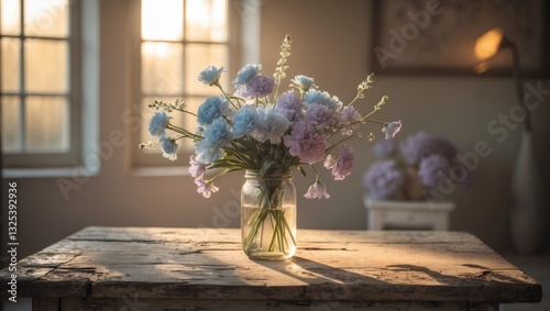 simple home decor featuring blue and purple flowers arranged in a jar on a table within a sunny room.
