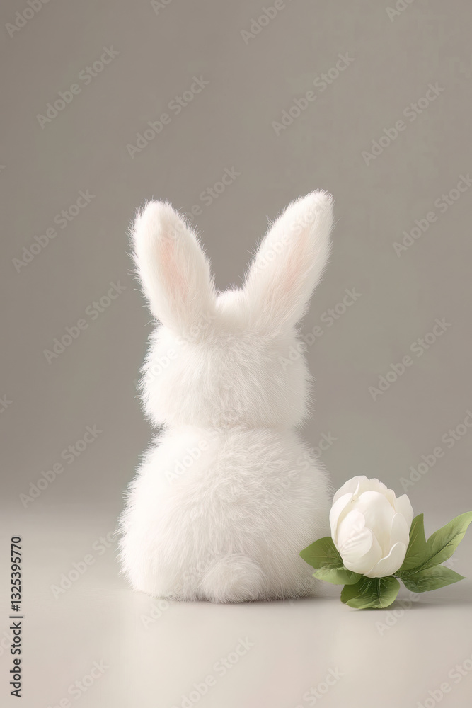 Fototapeta premium Back view of a fluffy white bunny is calmly positioned next to a beautiful flower, creating a serene atmosphere