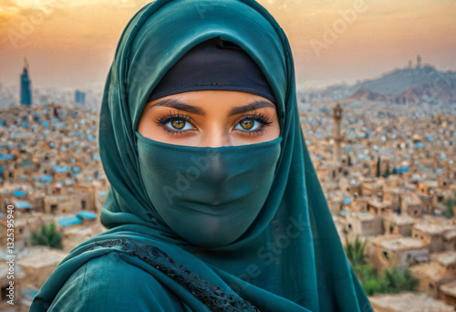 Portrait of a beautiful brown-eyed oriental arab muslim woman in beige niqab