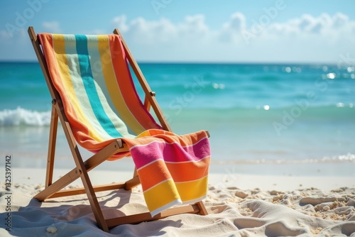 Colorful beach chair on sandy shore by the sea