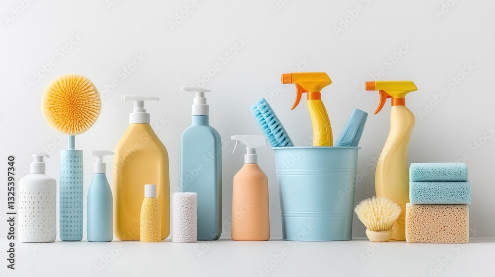 A visually appealing arrangement of various cleaning supplies and household items in a minimalist pastel colored palette showcasing an organized and functional domestic setting A visually appealing arrangement of various cleaning supplies and household items in a minimalist pastel colored palette showcasing an organized and functional domestic setting